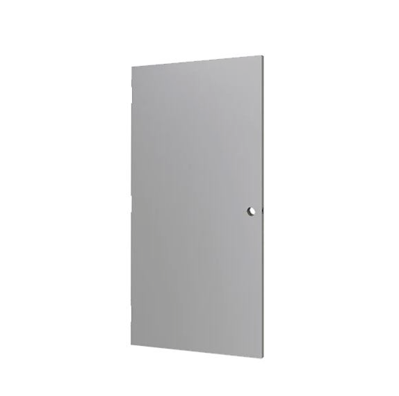A 30 in. x 80 in. Gray Flush Steel Commercial Door Slab by Go Build, The Fastest Way To Build, shown with a round handle hole and fire-rated, angled against a white background.
